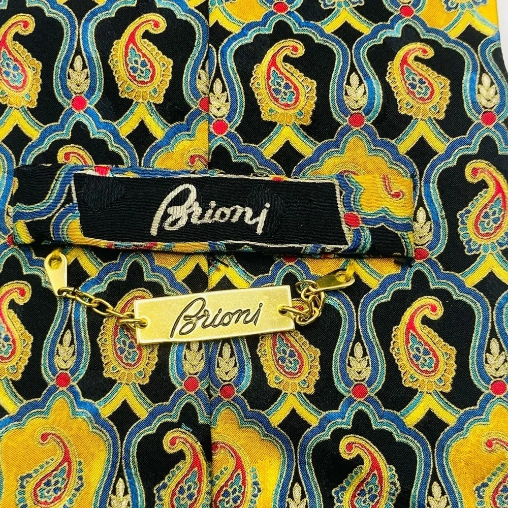 Brioni Roma silk black yellow blue and pink paisley vintage tie.